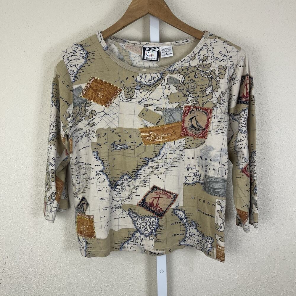 Vintage Take Two Map Print Beaded Top Size L Large Travel Atlas Stamp 90s Y2K